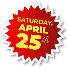 A bright red jagged starburst sticker with white borders containing the yellow text